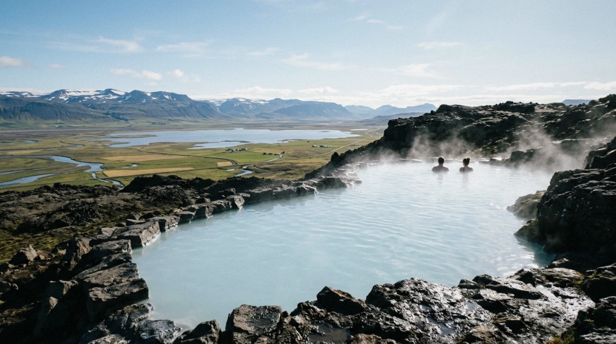 Milky blue geothermal water and steam at the Myvatn Nature Baths above the lava field in north Iceland on a bright summer day