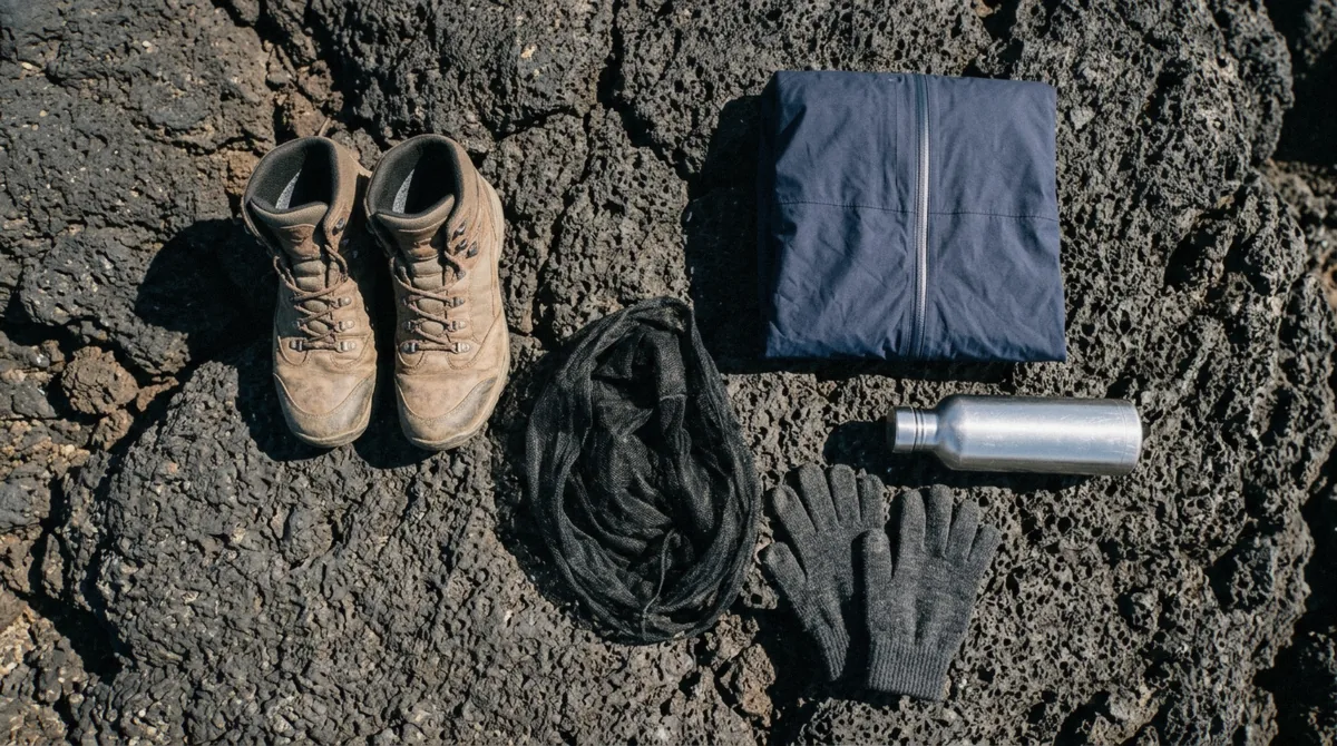 Plain hiking boots, a shell jacket and a mesh head net laid on lava rock above Lake Myvatn in bright sunshine