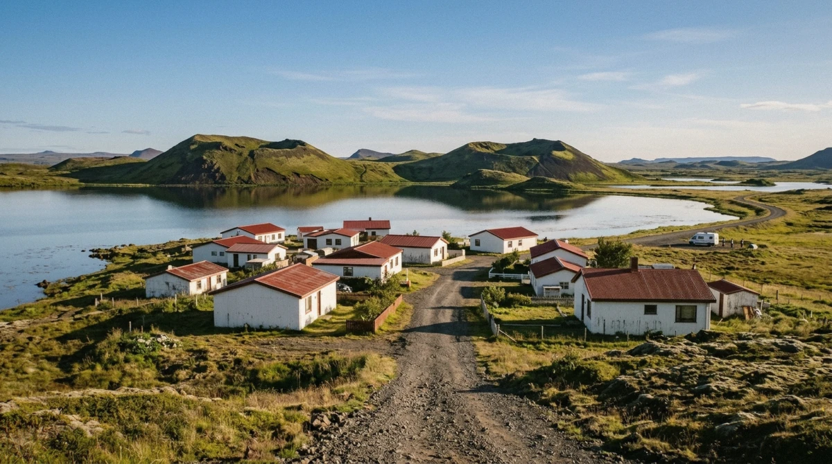 The village of Reykjahlid on the northeast shore of Lake Myvatn in bright evening sunshine, north Iceland