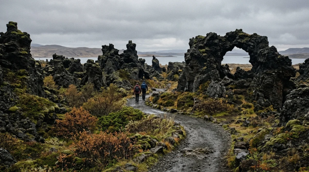 Twisted black lava pillars and arches in the Dimmuborgir lava field beside Lake Myvatn in northeast Iceland