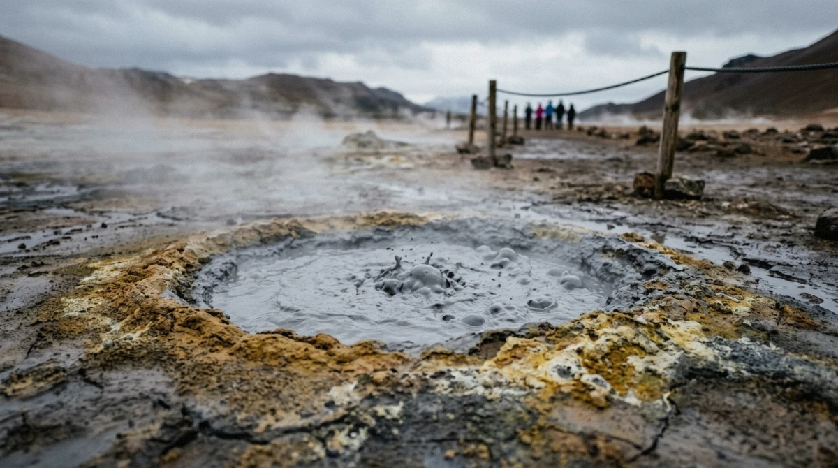 Steaming vents and ochre mud pools on the bare geothermal ground at Hverir near Lake Myvatn, Iceland